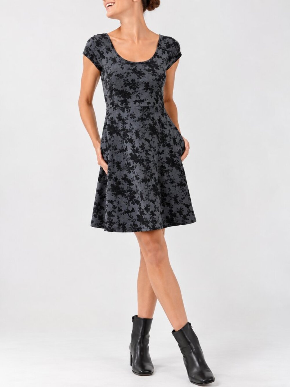 Pact Women L Black Bluish Gray Tie Dye Organic Cotton Fit Flare Dress Cutout